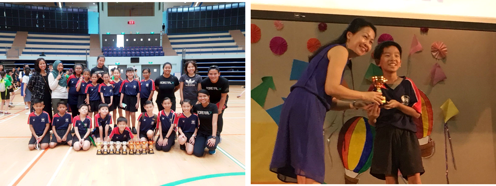 A youth sports team poses with trophies in a gym; a woman presents a trophy to a smiling boy on a decorated stage.